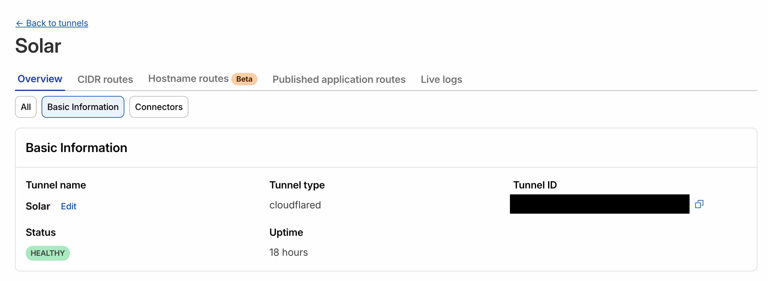 Cloudflare tunnel showing healthy status